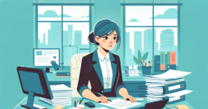 New manager in an office setting with lots of paperwork. Image generated by DALL-E